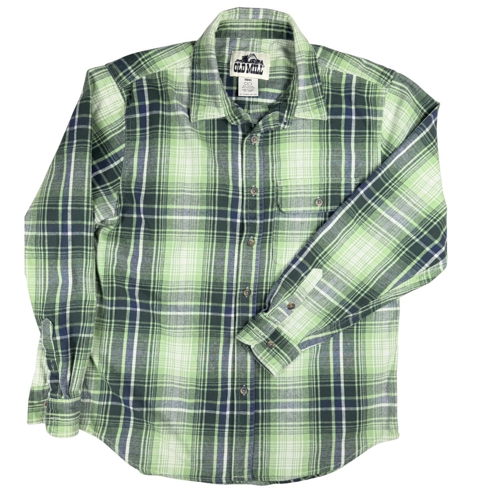 Old Mill Mens Flannel Shirt Large Green Navy Blue Plaid Long Sleeve Button Down